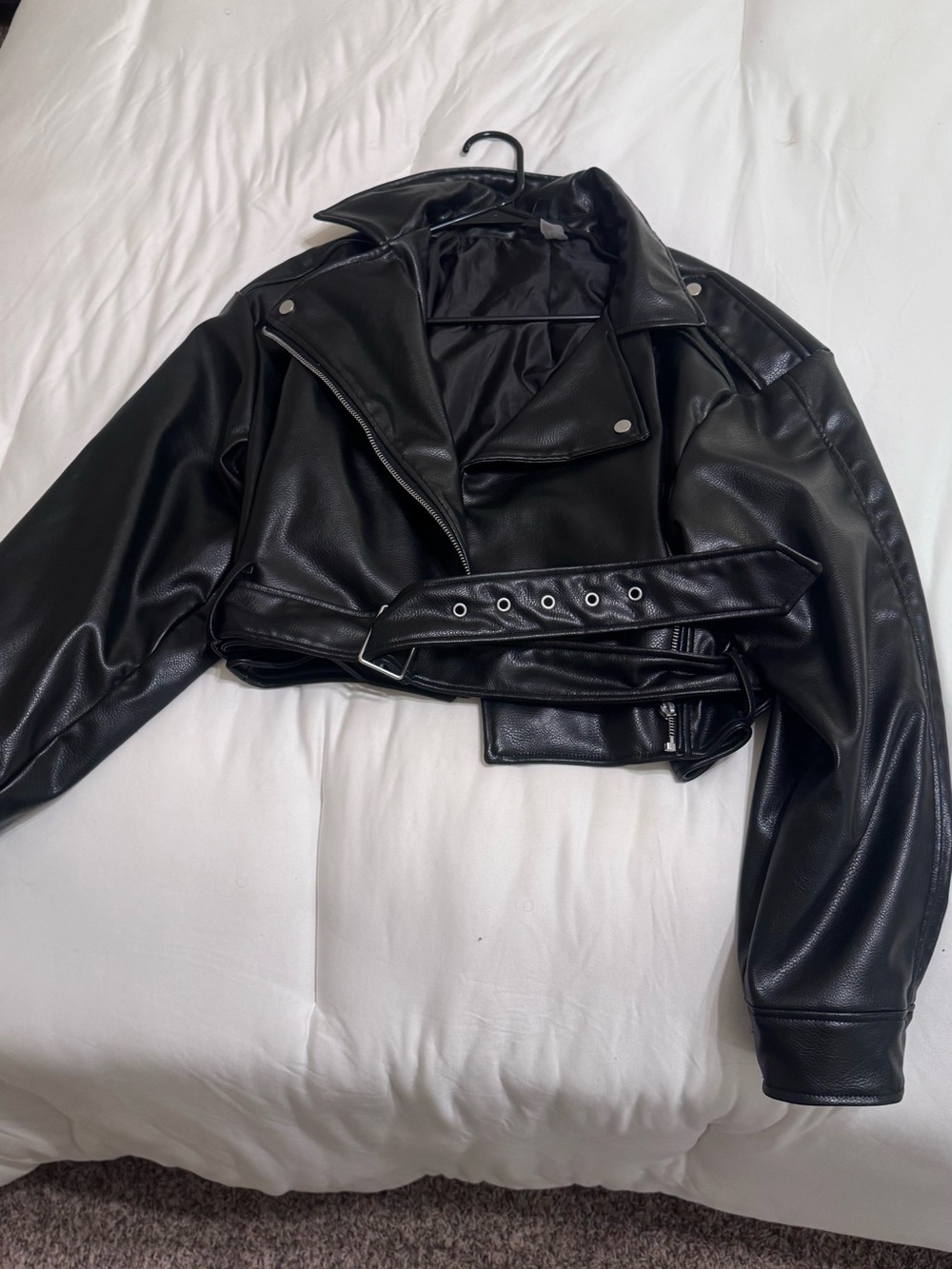 H&M Black Vegan Leather Cropped Biker Jacket
